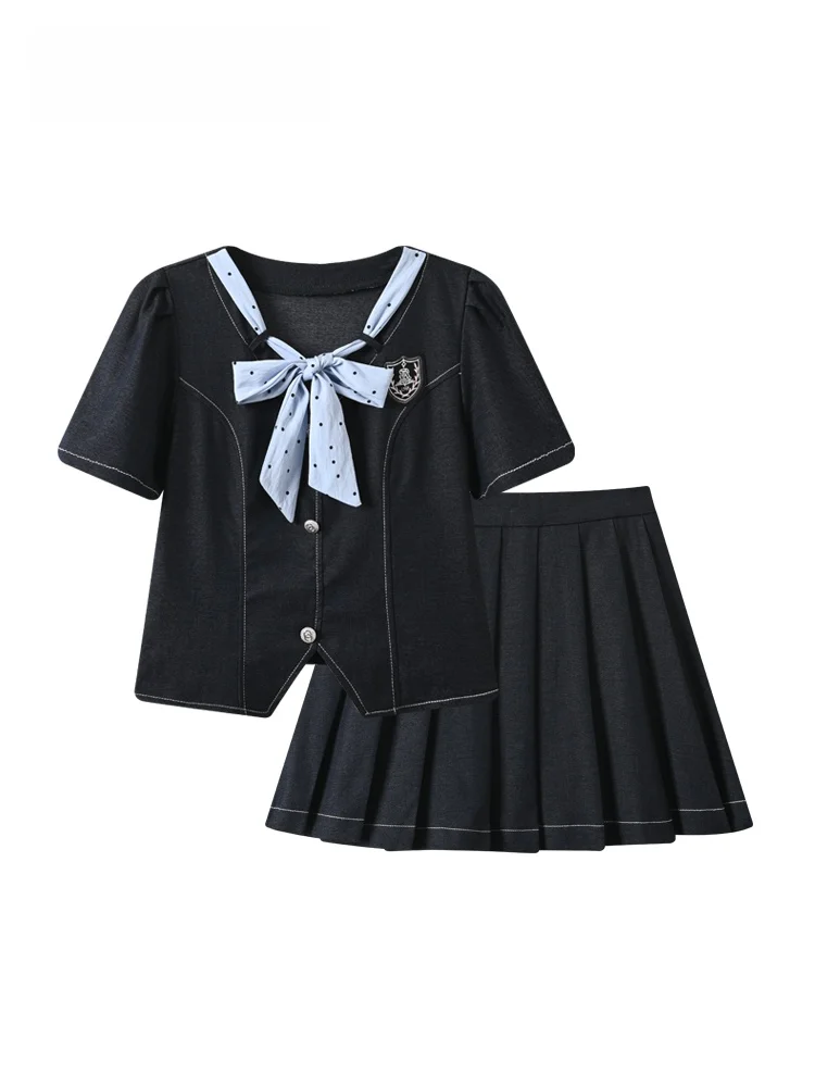 

Summer New Style College Wind Denim A-Line Skirt Set Women's plus Size Cute V-Neck Polyester Cotton Blend Elastic Fiber