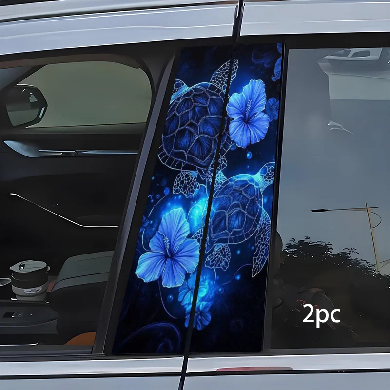 

2PC car decal, dream picture of blue fluorescent turtle with flowers, DIY self-cutting, bumper sticker, suitable for, car SUV