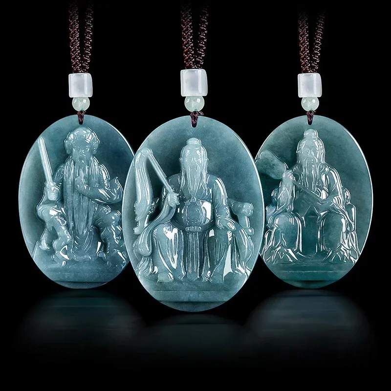 Natural A-goods Jadeite Blue Water Pendant Taoist Yuan Shi Tian Zun Jade Pendant Men Women Fashion Beads Treasure Jade Necklace