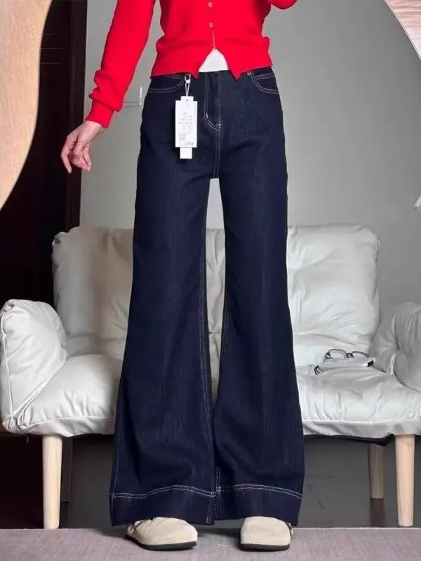 Deep Deep Blue A-Line Wide Leg Denim Jeans Women's High Waist Bootcut Pants Pear Shape Body Slimming Loose Fit Fall New Style - Aliexpress Deal