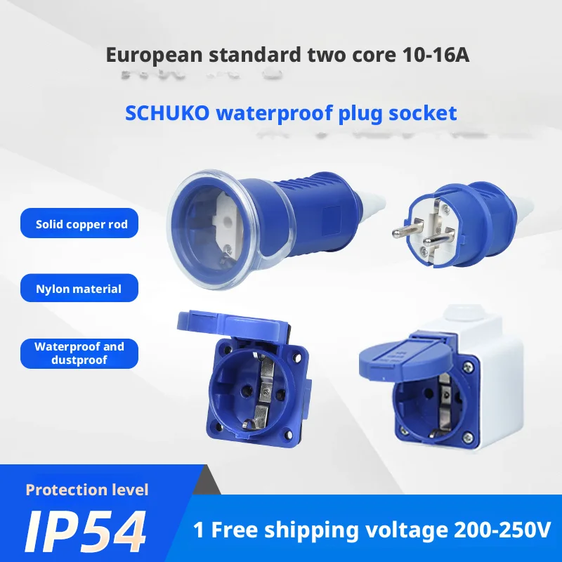 White Blue Black French Germany EU Waterproof Schuko Power Plug European 16A 2pin Cable Wiring Connector Converter Plug Type E F