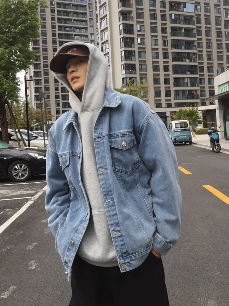 

Мужская джинсовая куртка в американском уличном стиле, с воротником в стиле хип-хоп, рабочая куртка, осенняя модная брендовая куртка в крутом хип-хоп стиле