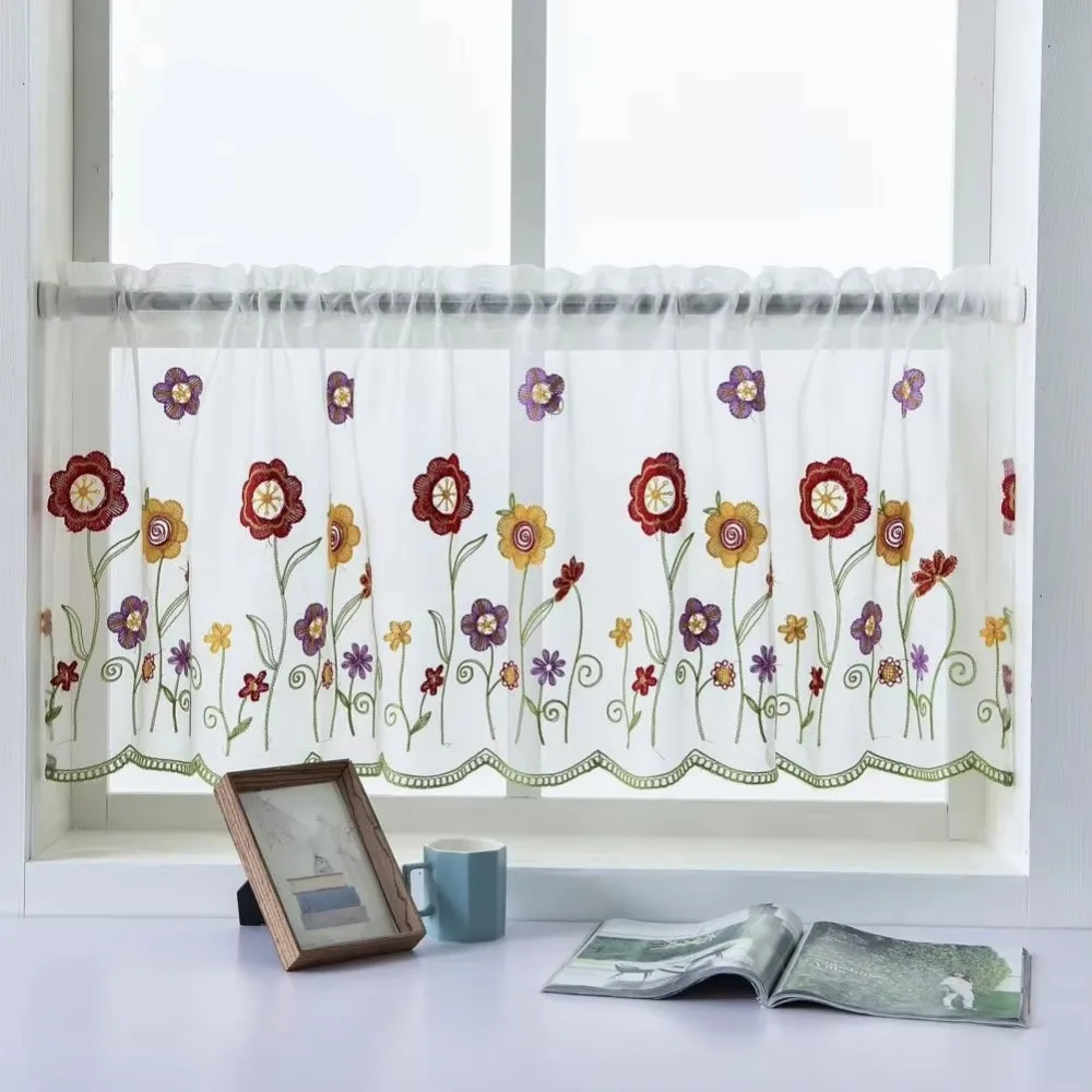 Lace Floral Embroidered Sheer Valance Curtain for Small Window/Kitchen 39.4x19.7 Inch Voile Curtain 1 Panel Window Drape Shades