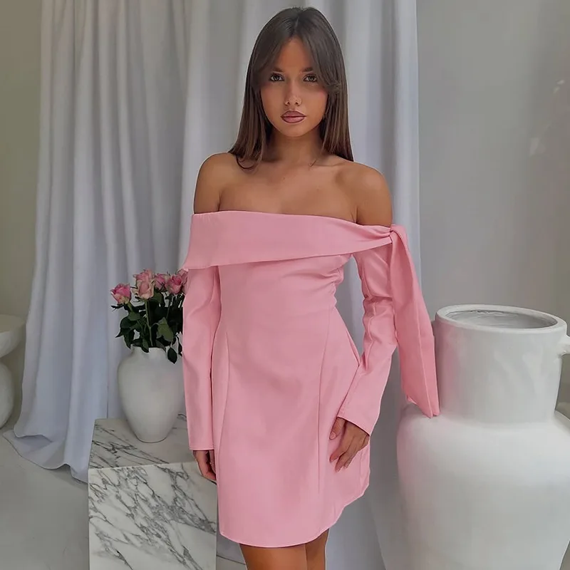 

Hot-selling women's autumn andwinter new fashion fashionable one-shoulder lace-up slim hip-covering long-sleeved dress wholesale