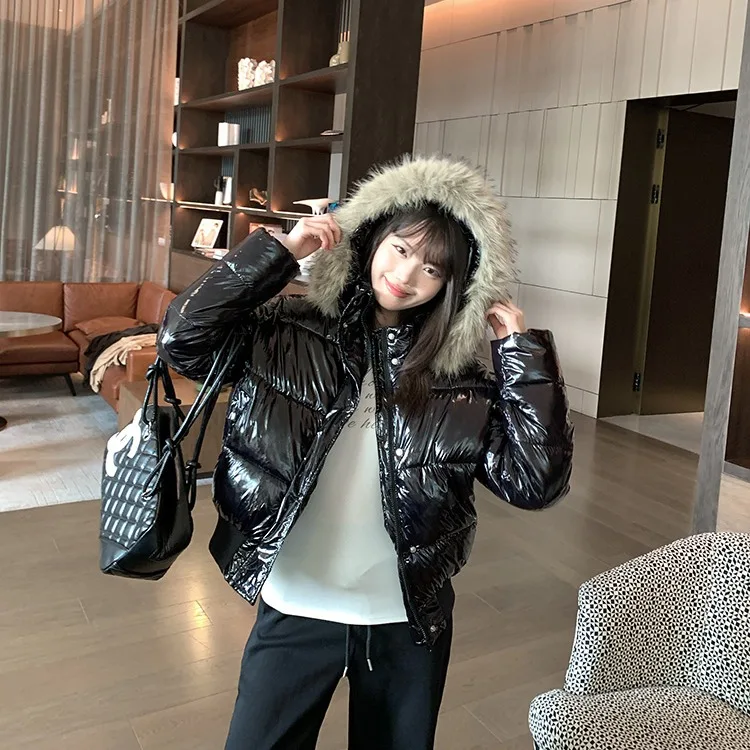 American Style Thickened Waterproof Fleece Collar Jacket Glossy Surface Anti-Stain Slim Fit Cotton Coat for Short Women