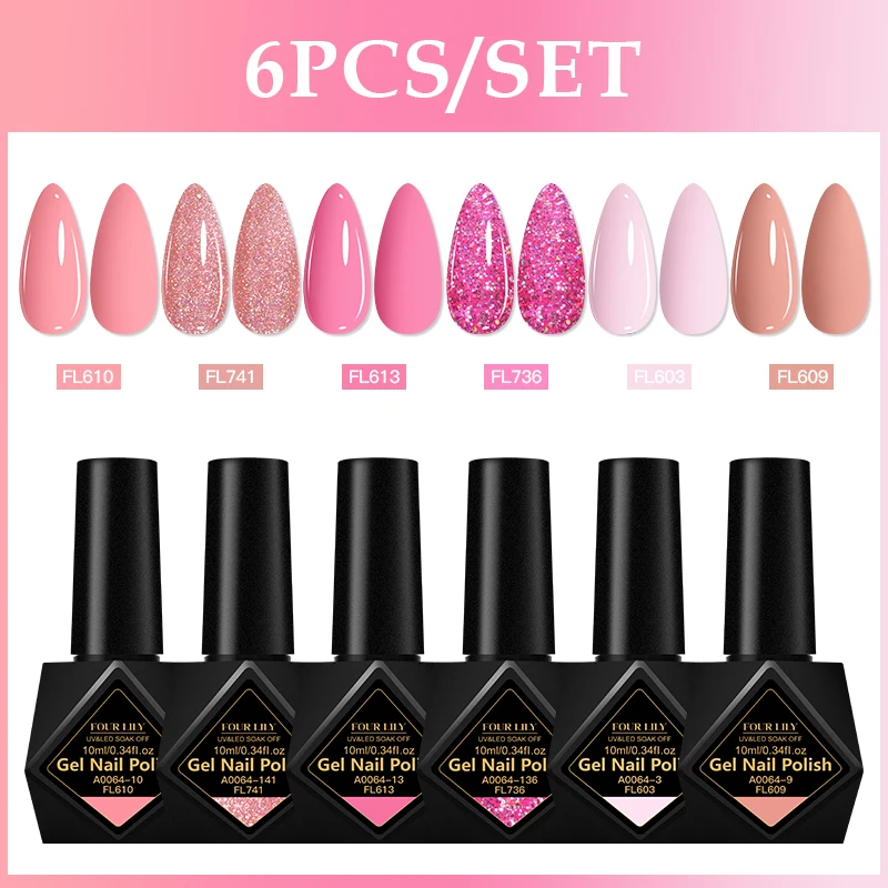 สี่ LILY 10ml 6 ชิ้นเจลเล็บชุดสําหรับเล็บสีชมพู Nude Macaron นีออนที่มีสีสันเล็บเจลเคลือบเงาชุดเล็บเล็บ Supply