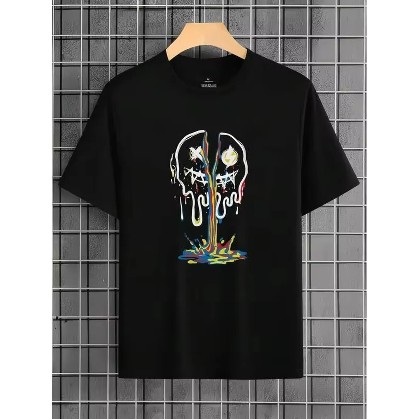 1pc Men' Colorful Melted Skull Print Black TShirt Crew Neck Casual Cotton Tee Medium Stretch Knit Fabric Regular Fit For Boys Man Ideal For //