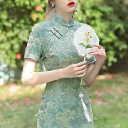 Cheongsam 2022 Nieuwe Vrouwen Zomer Retro Groene Elegante Dagelijks Verbeterd Jong Trouwjurk High-End Chinese Stijl Jurk