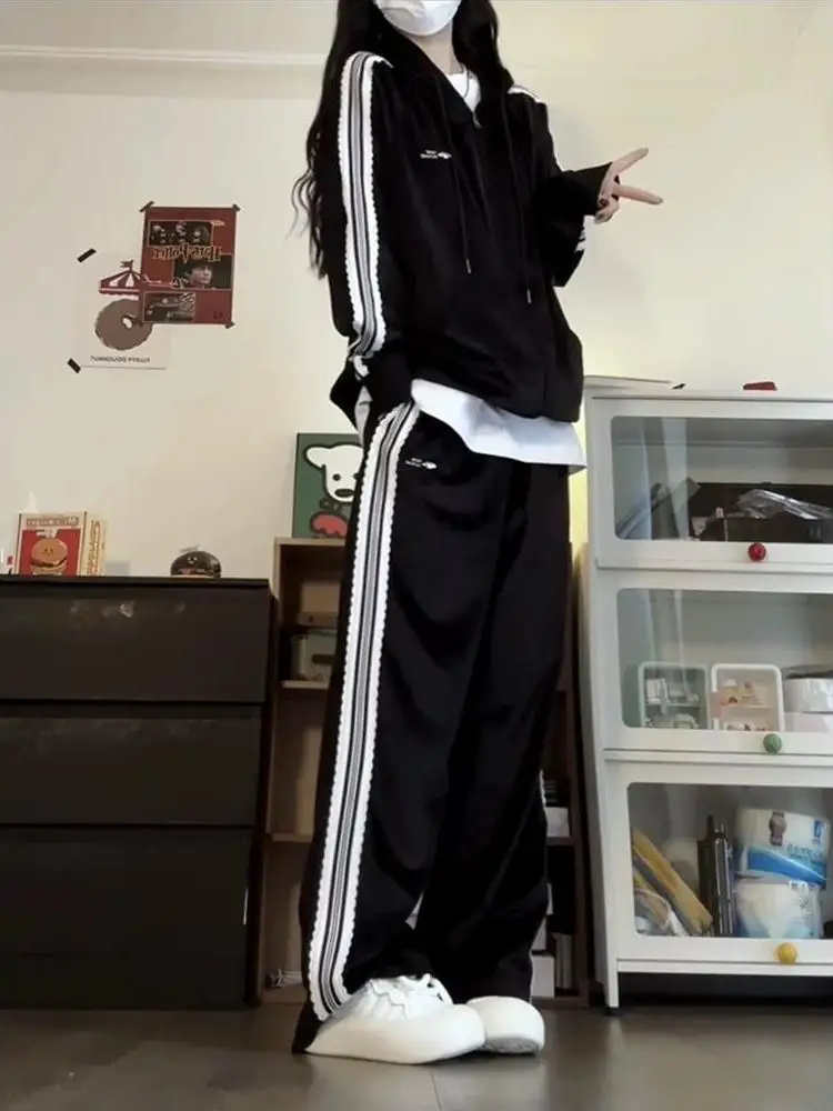 

Женский комплект из чистого хлопка: худи-кардиган и спортивные брюки, свободный крой, для бега и повседневной носки, модный двухсекционный костюм в корейском стиле, осенний сезон