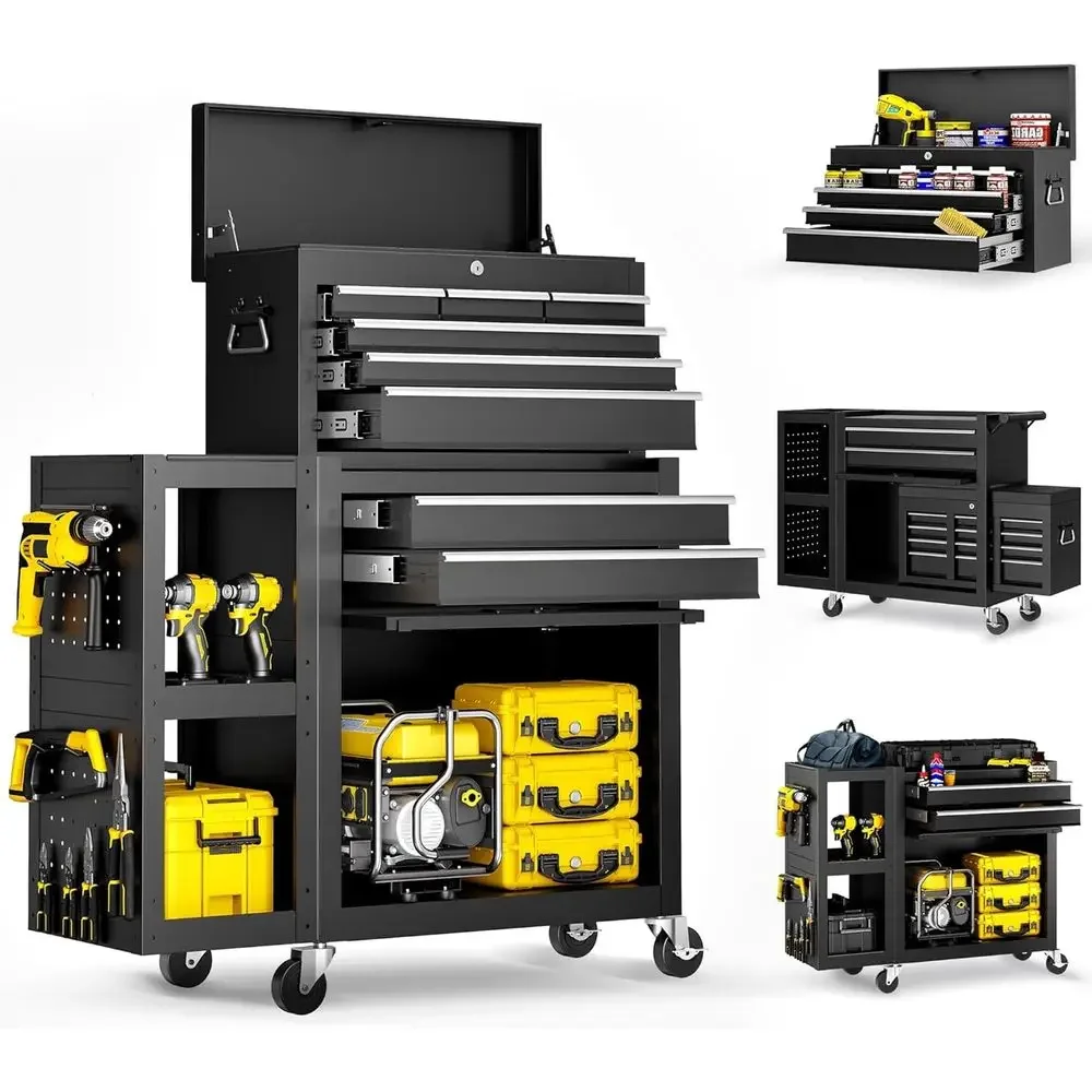 Rolling Tool Chest with 3-in-1 Functionality: Lockable Steel Garage, Detachable Top Toolbox, and Bottom Storage Cart