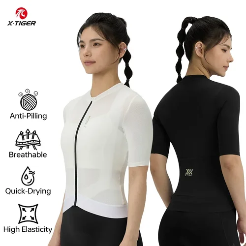 Imagen 2 del producto X-TIGER Jersey de ciclismo para mujer, transpirable, de secado rápido, manga corta, MTB, bicicleta de carretera, Top de ciclismo, ropa de bicicleta en blanco y negro