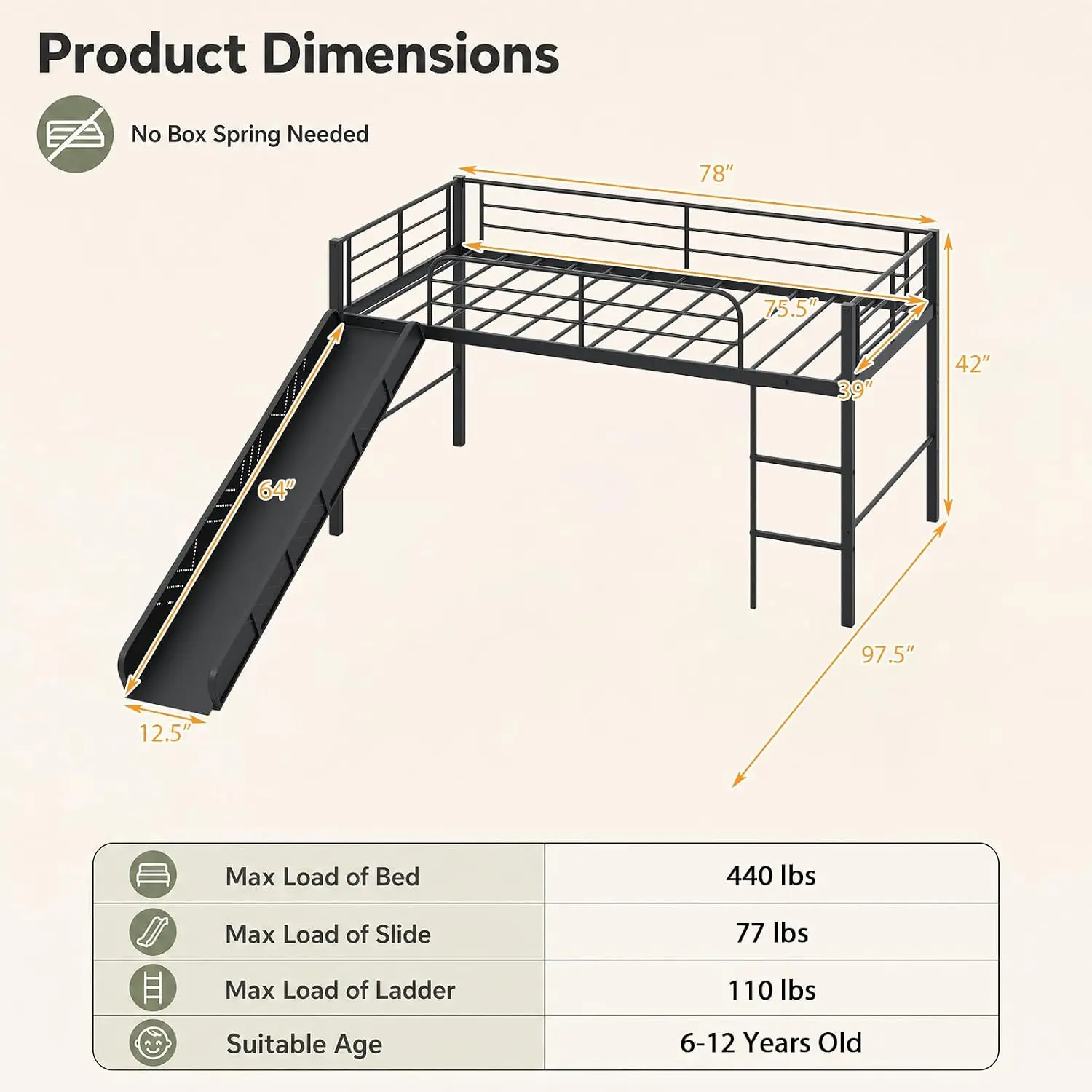 Twin Low Loft Bed with Slide & Ladder, Black Metal Frame with 30