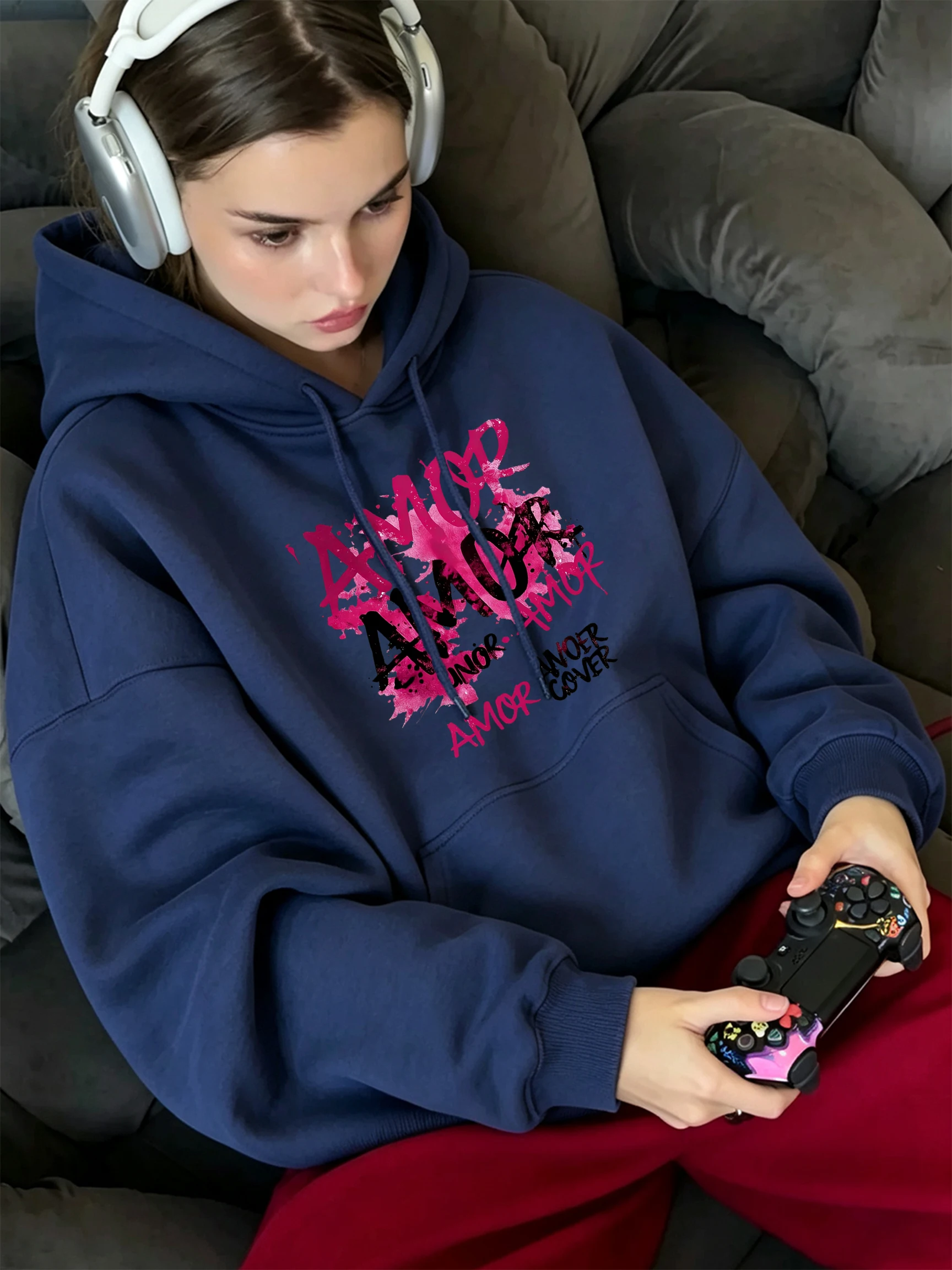 Amor Anoer Cover Pattern Loose Street Pullovers Women Fashion Casual Clothing Fleece Crewneck Hoodie Soft Hip Hop Sportswears
