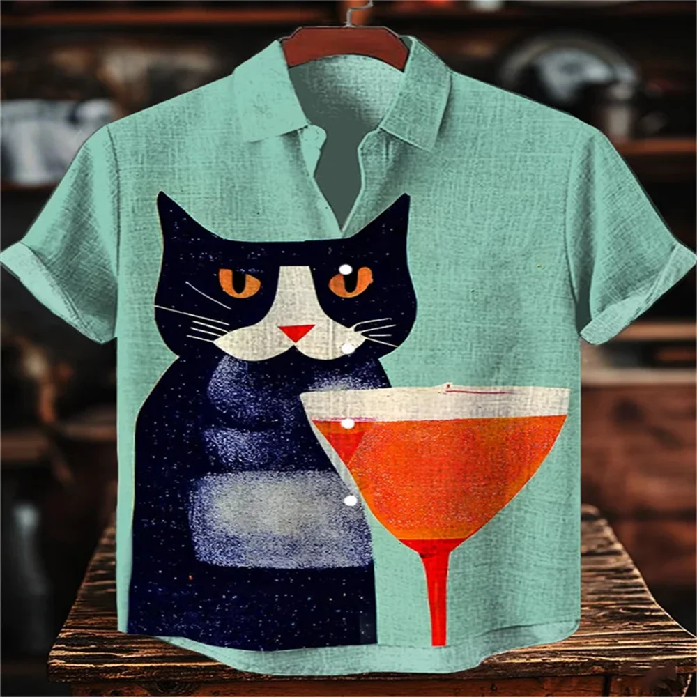 Men's short-sleeved shirt, loose-fitting, casual, breathable men's top with bird and cat print, outdoor casual Hawaiian shirt.