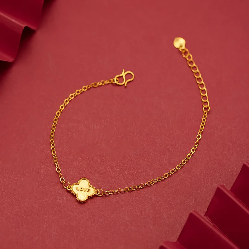 9999 Real Gold 24K Japanese and Korean fashion women's love four-leaf clover bracelet Korean version of small fresh gold jewelry