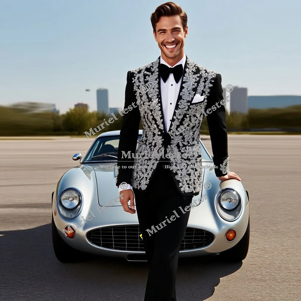Sparkly Crystals Beads Suits Men For Wedding Single Breasted Prom Tuxedos Customized 2 Pieces Man Banquet Party Clothing 2025