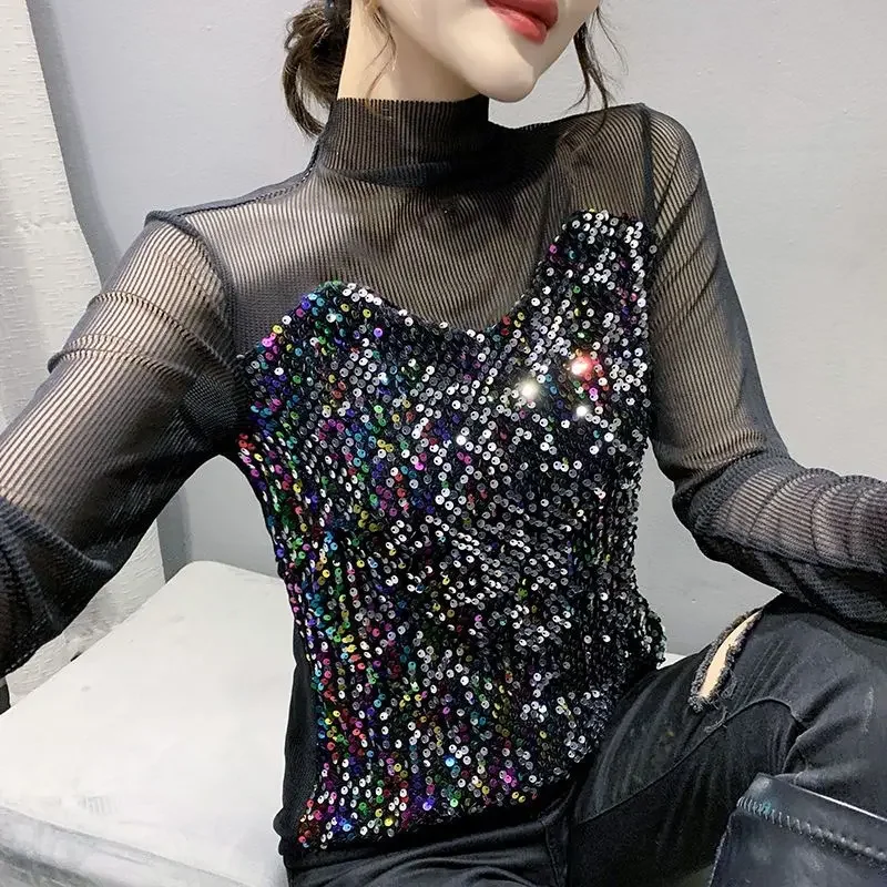 

Luxury Shiny Sequin Mesh Patchwork Tops Women T-shirt Slim Design Sexy Y2k Clothes Long Sleeve Tees Spring Autumn Shirts Party