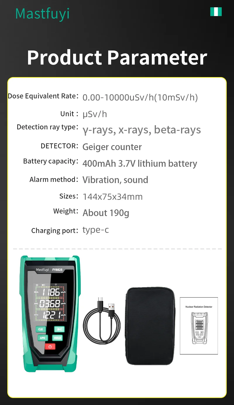 MASTFUYI FY8825 Berührungsloser tragbarer Hochfrequenz-Hochfrequenz-Detektor für nukleare Strahlung, Strahlungsanzeige, 10.000 μSv/h (10 mSv/h), max