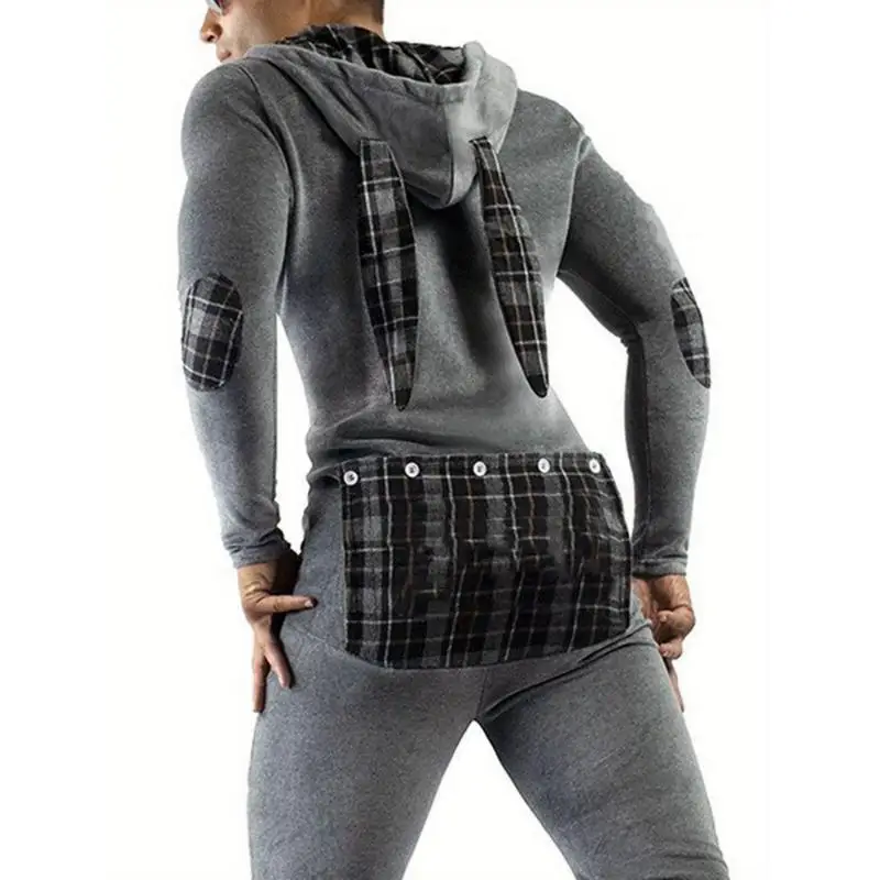 

Men's Rabbit Ears Jumpsuit One-Piece Suit Cross-Border Unisex Stretchy Comfortable Animal Patterned Hoodie Style Springwear