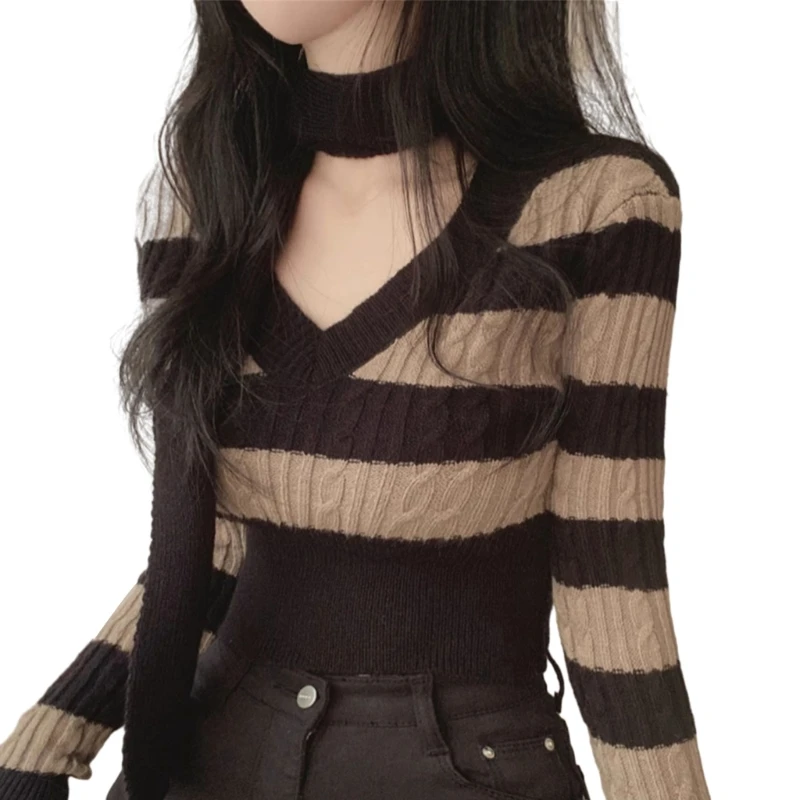 Cable Knitted Striped Sexy V-Neck Bodycon Sweater Crop Top with Scarf for Women 066C