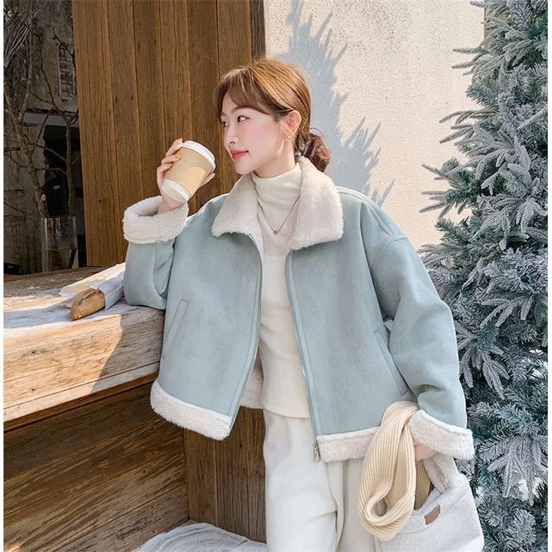 

Женская куртка, новая верхняя одежда, модное зимнее пальто из овечьей шерсти с лацканами, толстый теплый свободный кардиган, пальто из оленьей кожи, женское пальто на одной молнии, топ