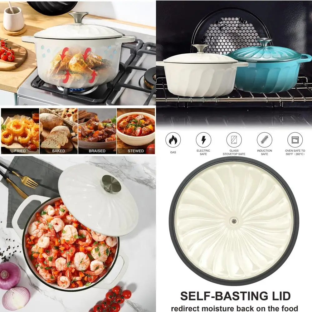 

6-Quart White Enamel Cast Iron Dutch Oven with Lid, Dual Handles, Oven-Safe for Baking and Cooking on All Surfaces