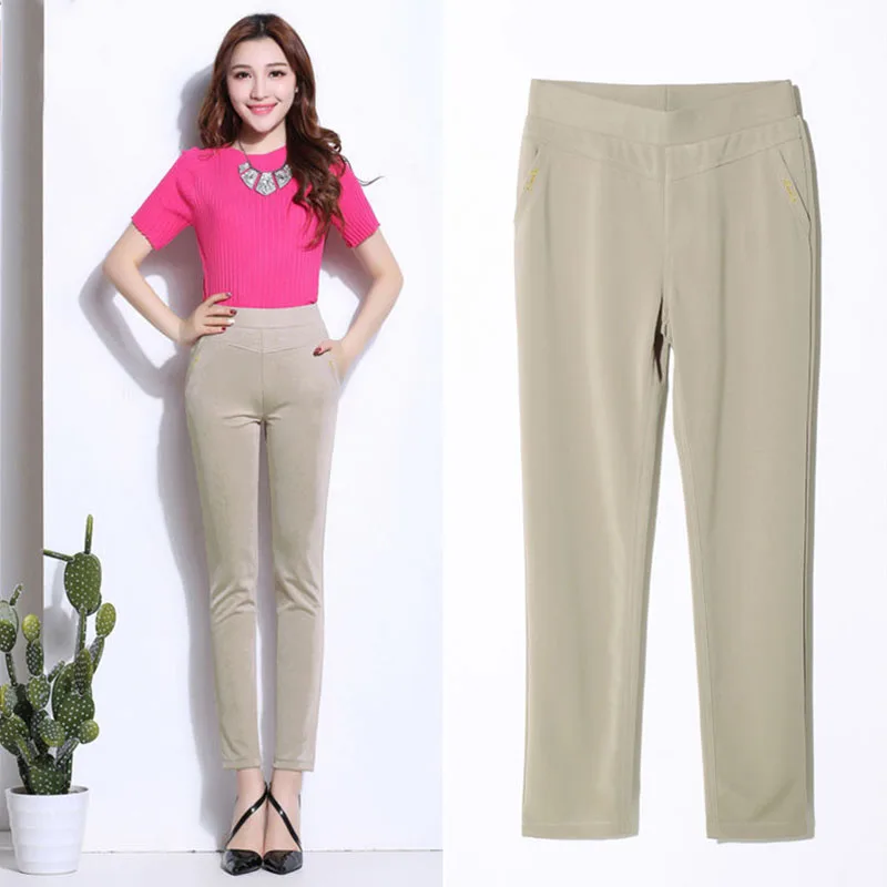 Korean Fashion Spring Summer Women Pencil Pants Elastic High Waist Solid Pocket Casual Large Loose Elegant Profession Trousers