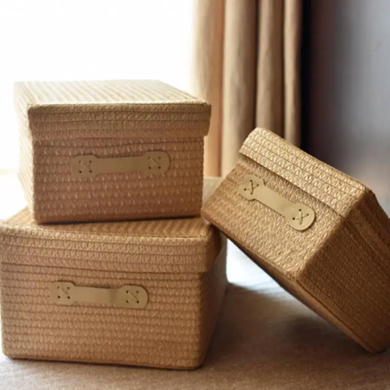 Woven Storage Box Set With Lids, Beige Cotton Rope Bins Leather Handles, Stackable Closet Organizer For Clothes Toys Bedroom