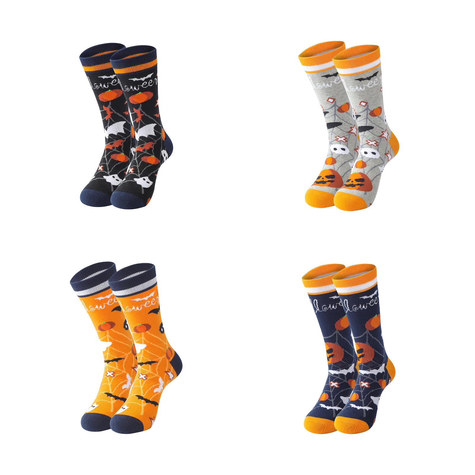 4 pairs of pumpkin skull printed Khmer mid-calf socks set (black/grey/orange/navy blue)