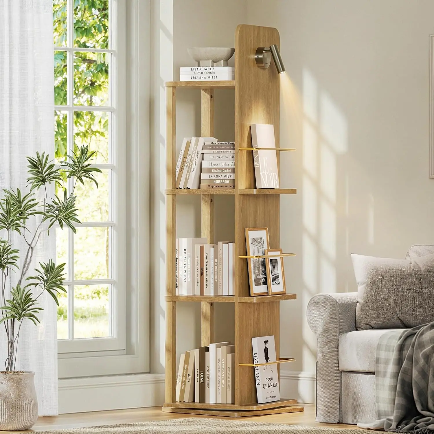 Rotating Bookshelf Tower With Light 360° Spinning Bookcase Oak, Customized