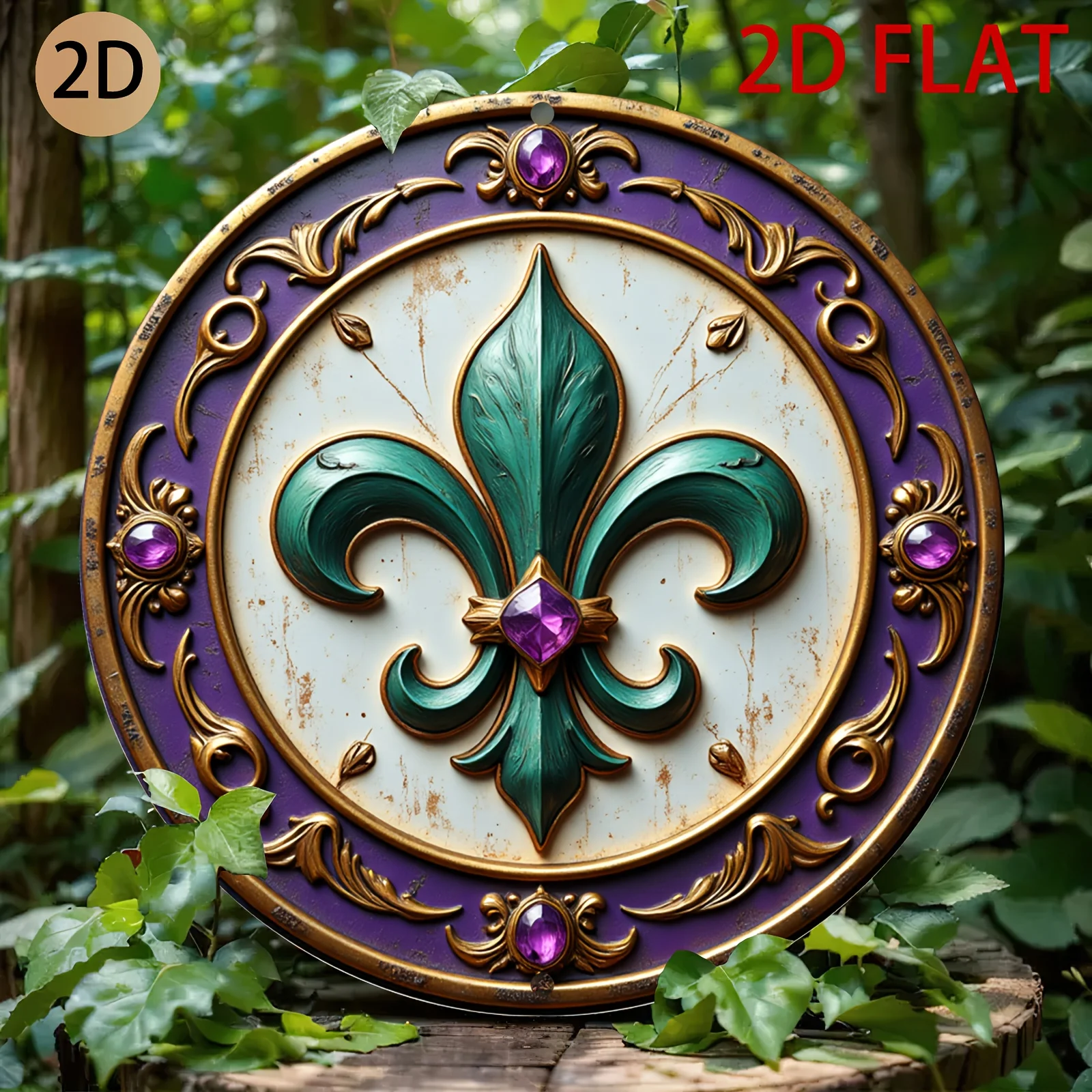 [Plano en 2D] Arte Mural Circular Vintage con Emblema de Flor de Lis en Estilo 3D con Detalles de Piedras Preciosas - Diseño Rústico de Metal, Acabado Verde Azulado y Dorado