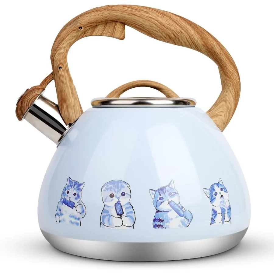 

2.7Quart Blue Cat Tea Kettle with Wood Pattern Handle for Stovetop and Induction Cooking Loud Whistle Stainless Steel Teapot fo