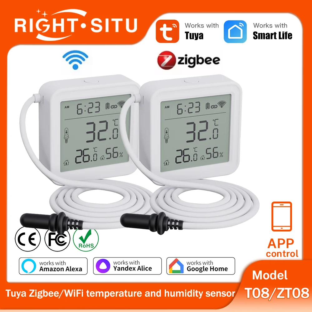 Tuya Zigbee WiFi capteur de température et d'humidité 1M capteur externe câble sonde APP télécommande fonctionne avec SmartLife Yandex Alexa