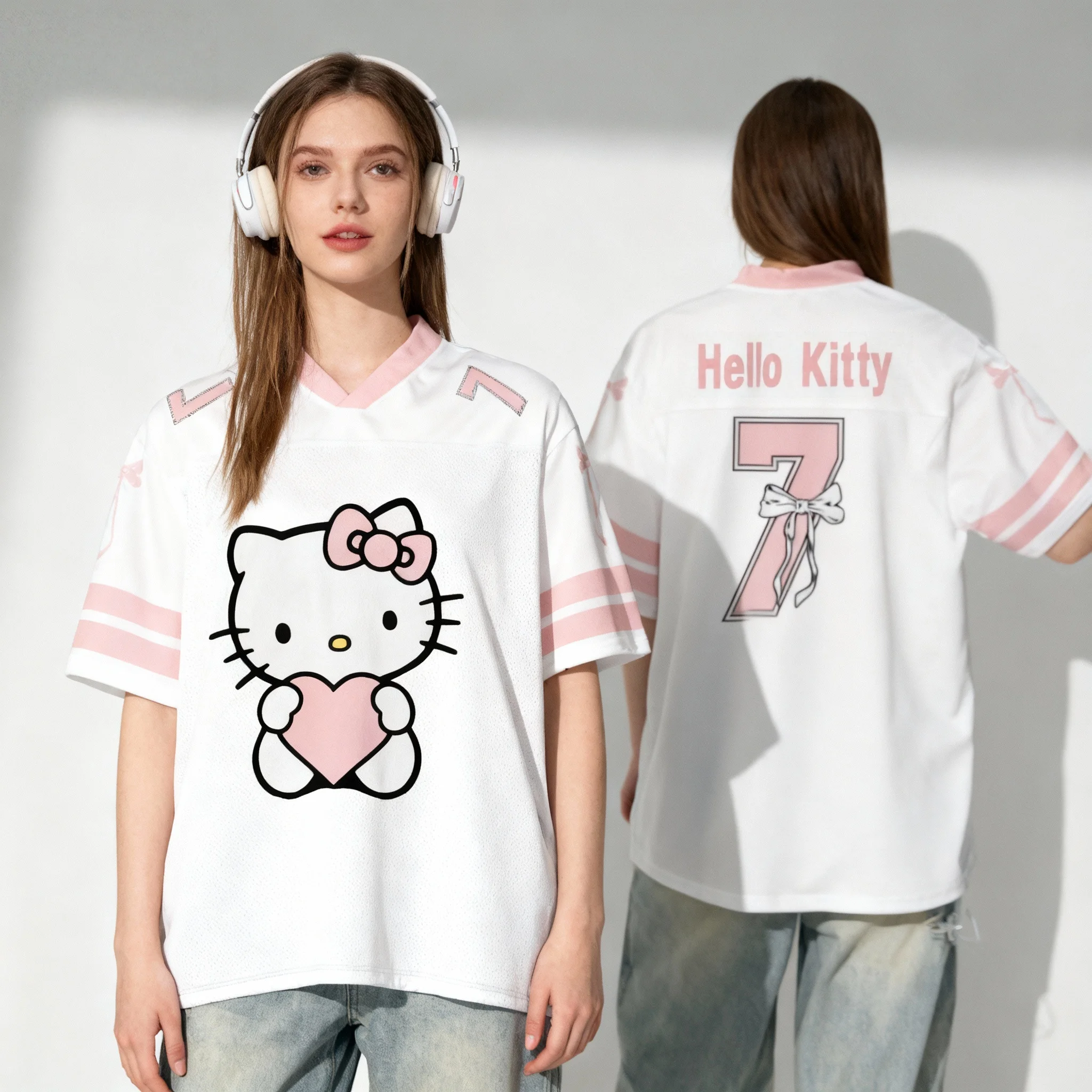 25/26 New Sanrio Hello Kitty No.7 Ball Dress Sweet Cool Summer T-shirt Oversized Women's and Men's Adult Casual Sports T-shirt
