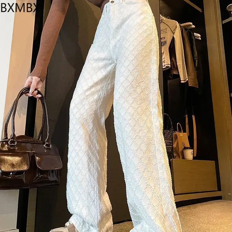Woven white jeans women's narrow straight trousers spring wide-leg trousers high-waisted loose  casual trousers