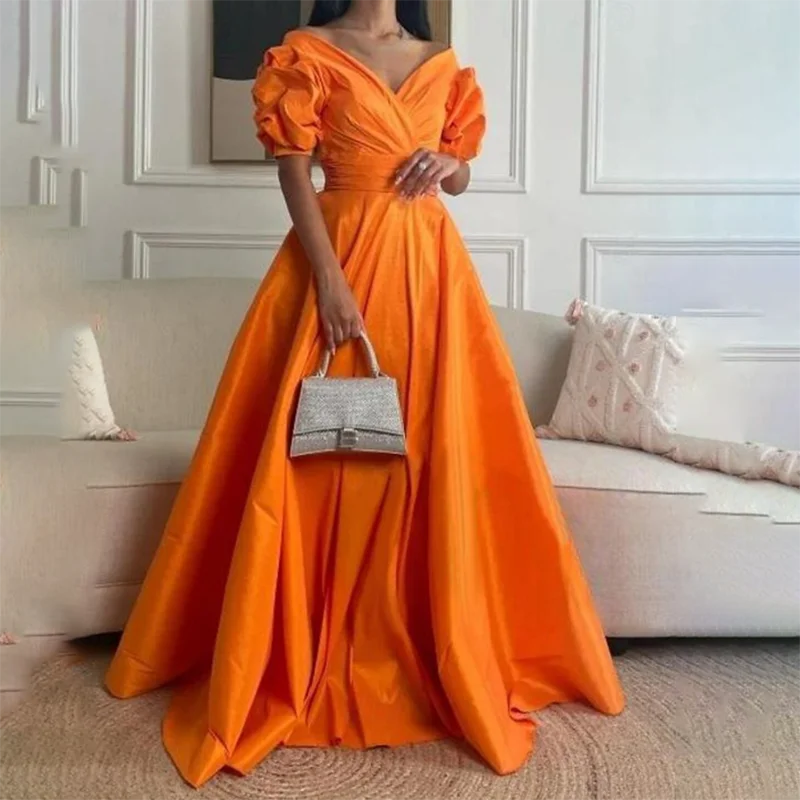

Customized Elegant Saudi Arabia Prom Dresses V Neck Satin Off Shoulder Evening Party Dress fiestas