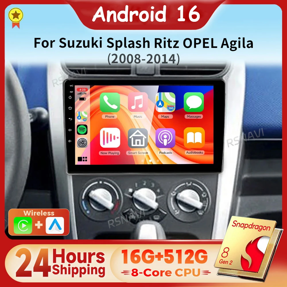 Android 16 Qualcomm Carplay Auto 2K Screen Car Radio Multimedia Player For SUZUKI Splash Ritz OPEL Agila 2008 - 2014 Snapdragon