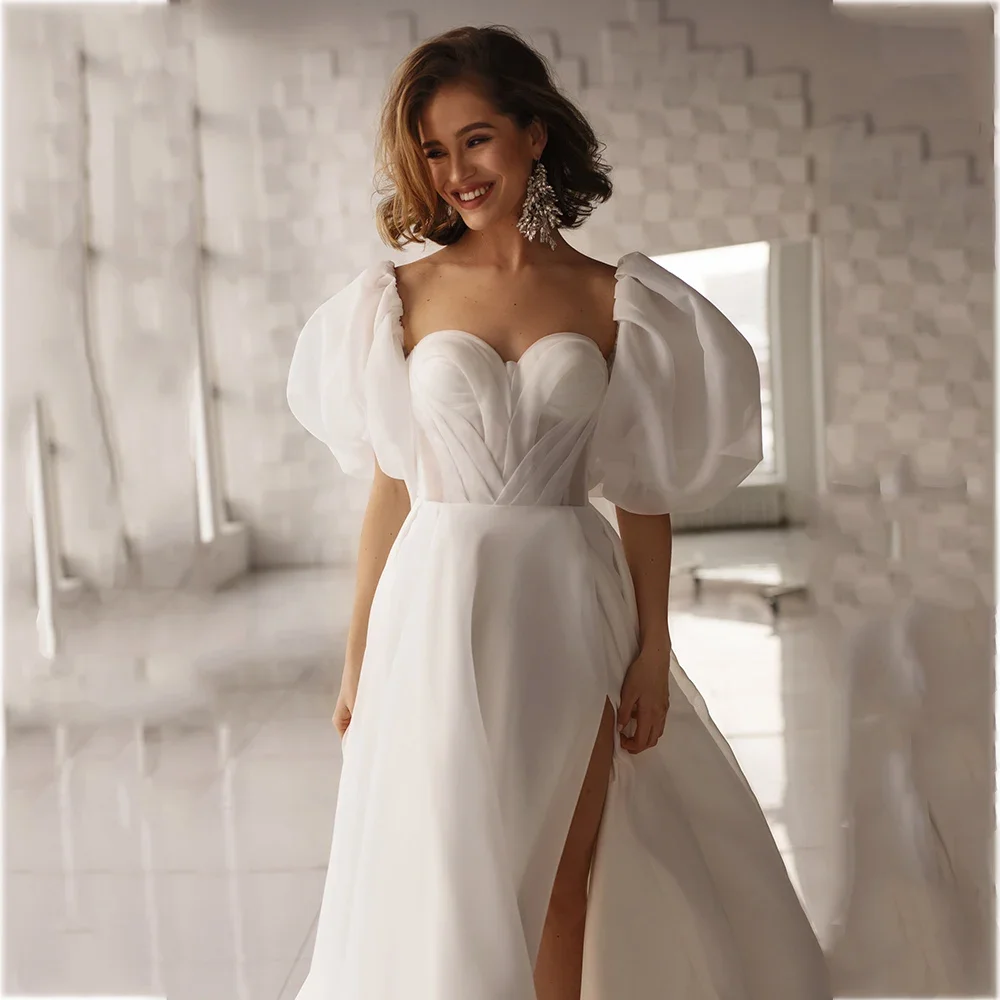 

Customized UETEEY Glamorous Sweetheart Wedding Dress Chiffon Off-the-shoulder Side Split Backless Bridal Gown Sweep Train Robe D