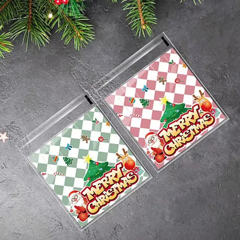 100pcs Christmas Cookie Candy Bags Self Adhesive Gift Packaging Biscuit Snack Bag New Year 2025 Noel Navidad Xmas Party Decor