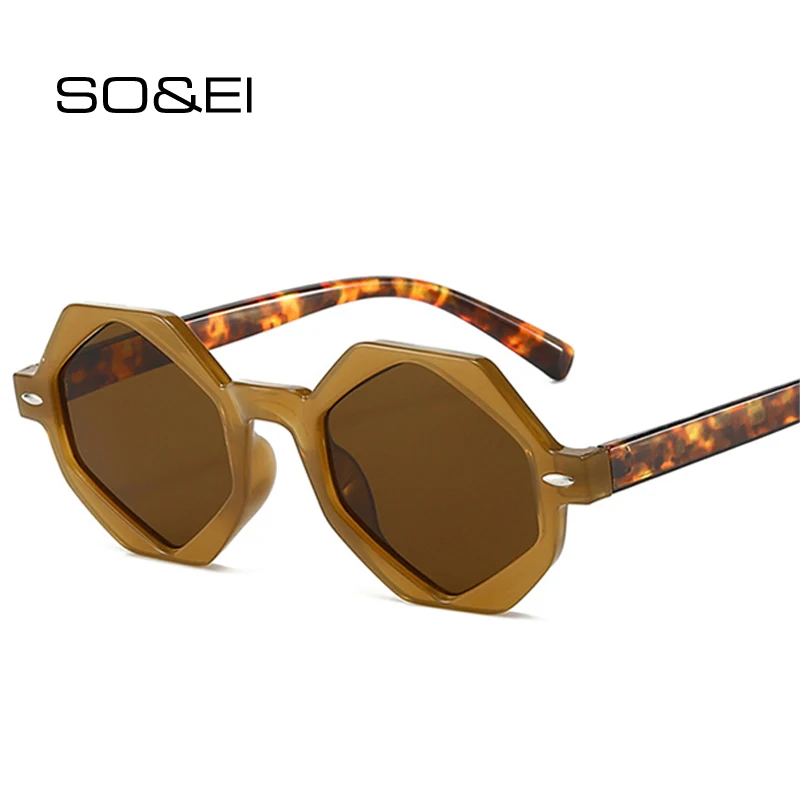 SO&EI Retro Polygon Jelly Tea okulary przeciwsłoneczne damskie modne okulary gradientowe odcienie UV400 męskie nity okulary przeciwsłoneczne