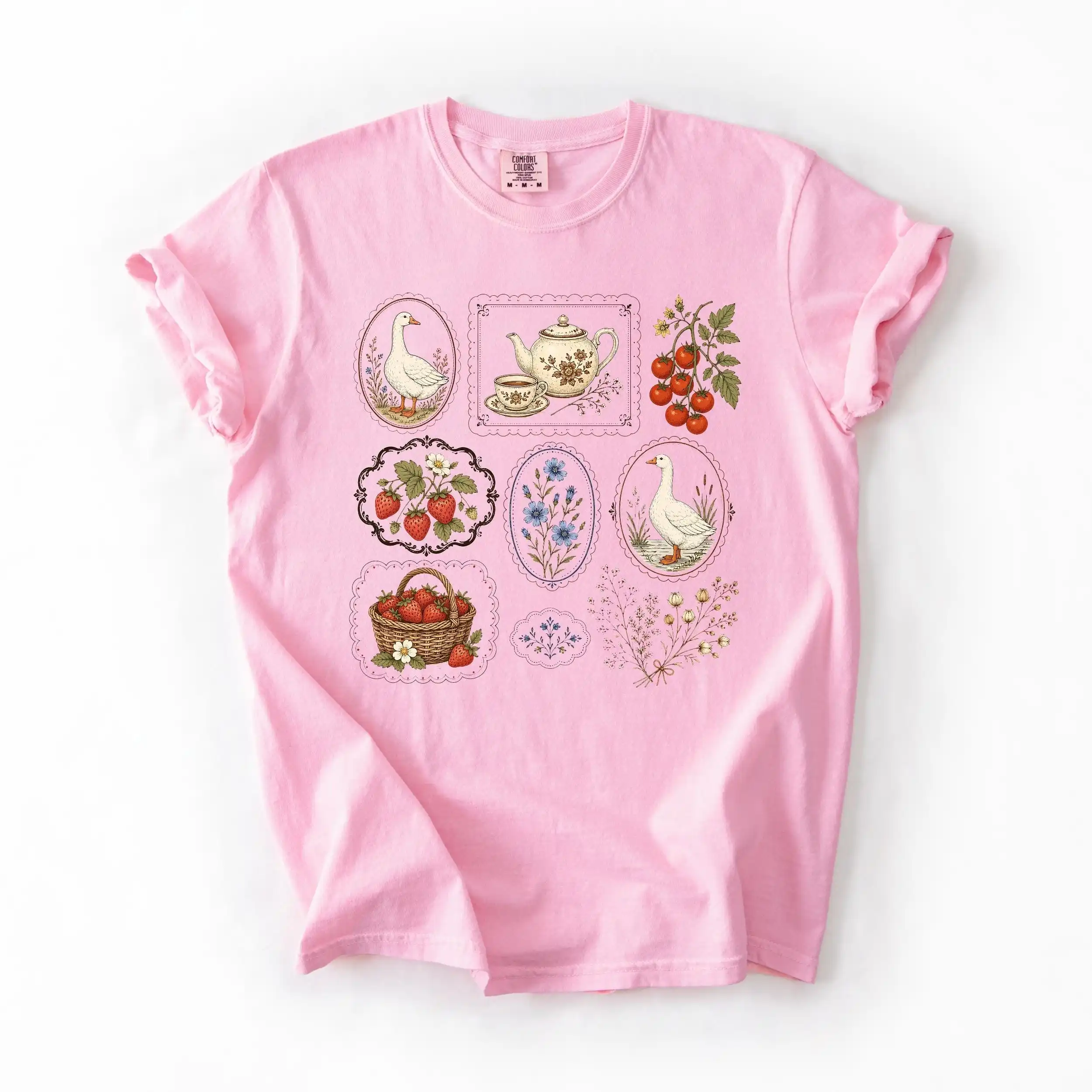 Cottagecore Shirt, Cute Goose Gardening Tee, Vintage Aesthetic Spring Top, Botanical Strawberry Gift for Her