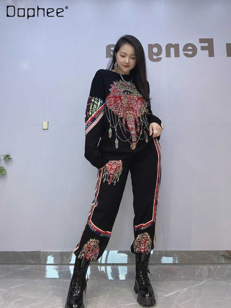 

Autumn Winter Round Neck Pullover Knitting Sets Sequin Stitching Long-Sleeved Trousers Cartoon Rhinestone Two-Piece Sets Women