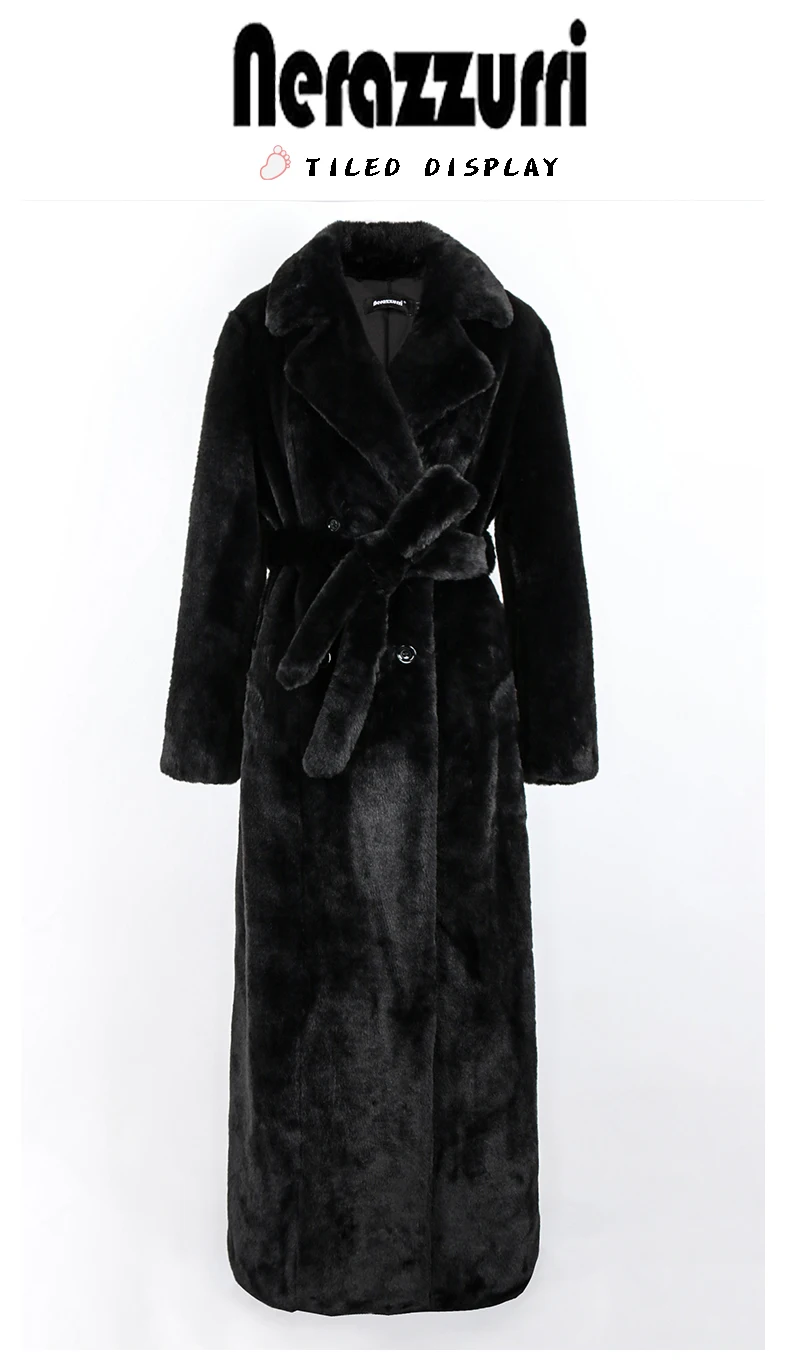Nerazzurri Winter Extra Long Purple Black Thick Warm Soft Fluffy Faux Fur Coat Women Sashes Double Breasted Furry Overcoat 2022