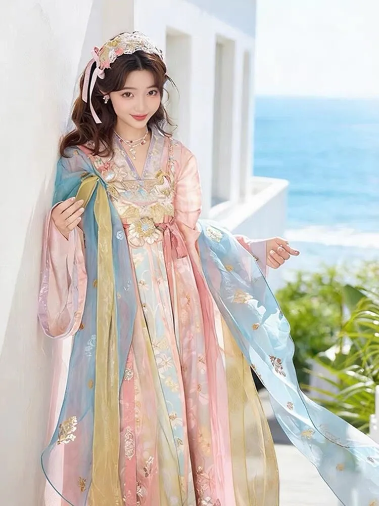 The new Hanfu women's pink cross-collar chest-length blouse and skirt is a flowing ancient costume suitable for daily wear