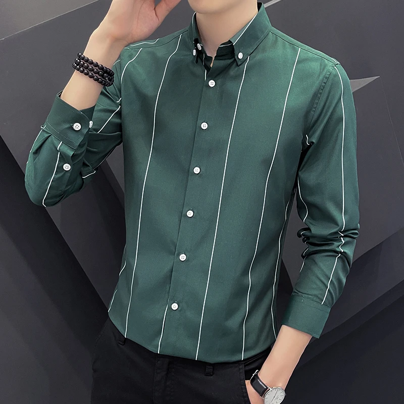 

Slim Fit Men's Long Sve Striped irt Casual Busin Faion Spring Autumn New Sle Haome Top Quali Polyester Cotton