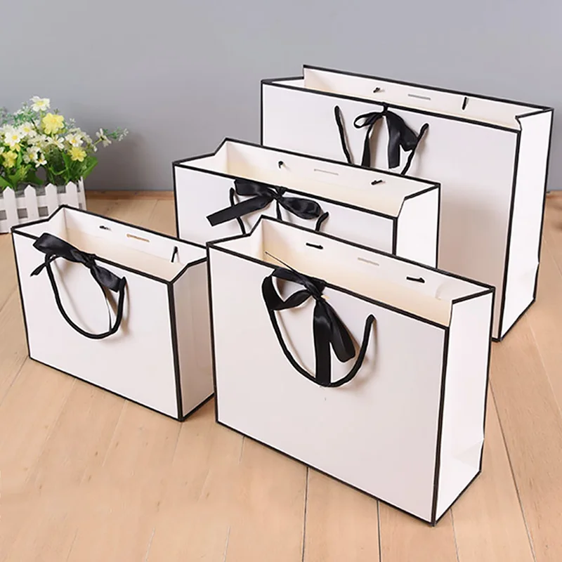 Confezione regalo in carta bianca borsa per la spesa borsa per la spesa con manico in nastro nero per vestiti da sposa scarpe confezione regalo borsa