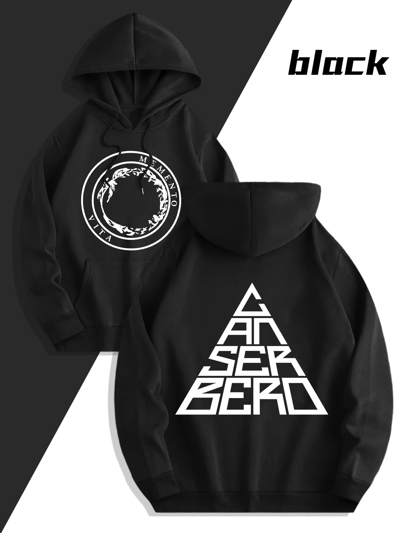 Men Solid Black Oversized Hoodie Front Circular Wreath Slogan Back Triangle Stacked Letter Double Print Hip Hop Sweatshirt
