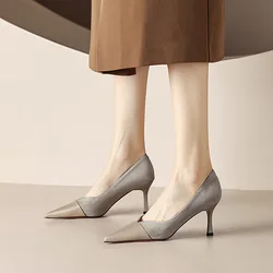 2023 New Stitching High Heels Women's Single Shoes Pointed Thin Temperament Hollowed Out Apricot Matching Shallow Mouth