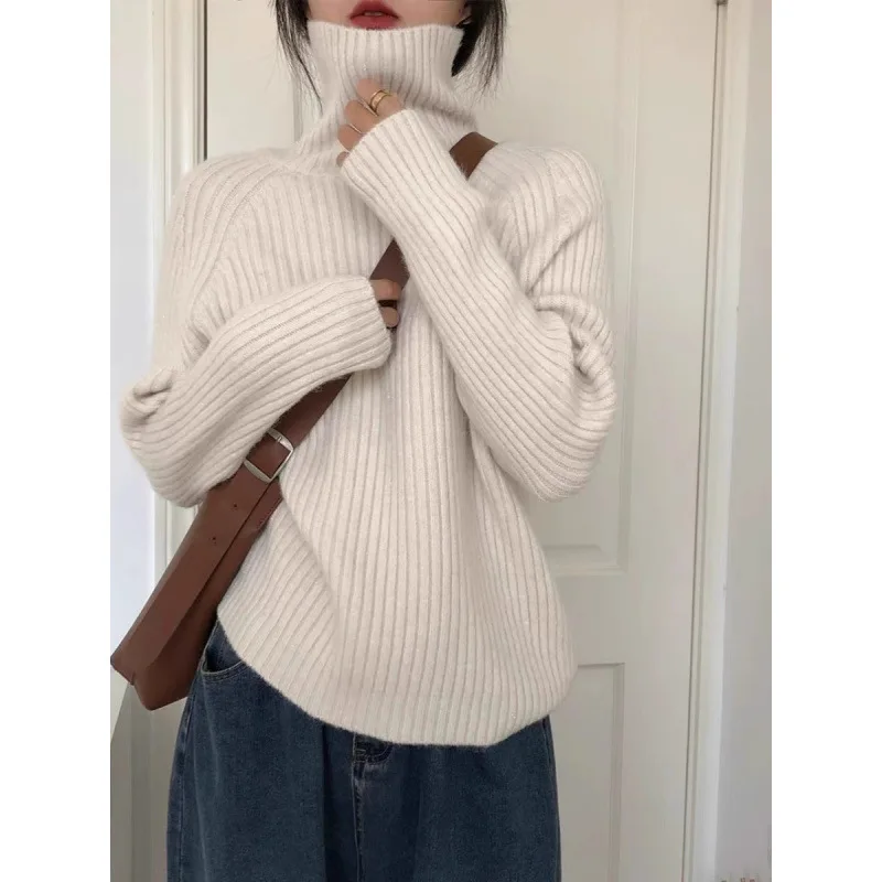 

2023 Korean Fine Glitter Thickened Warm Turtleneck Sweater Women's Autumn Winter High-End Gentle Lazy Style Knitted Top