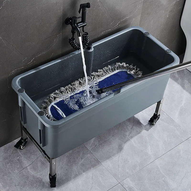 Thickened plastic mop pool Balcony Household mobile with wheel wash mop bucket Bathroom floor type mop pool sink